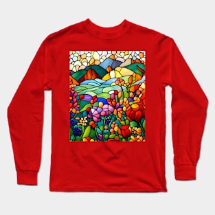 Stained Glass Colorful Mountain Flowers Long Sleeve T-Shirt